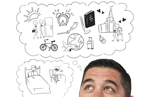 man with thought bubble showing various drawings