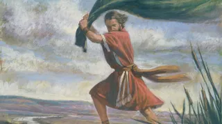 The Old Testament prophet Elijah (acting on the instructions of Elisha) depicted smiting the waters of the River Jordan with his cloak in order for the river to part and allow passage on dry ground.