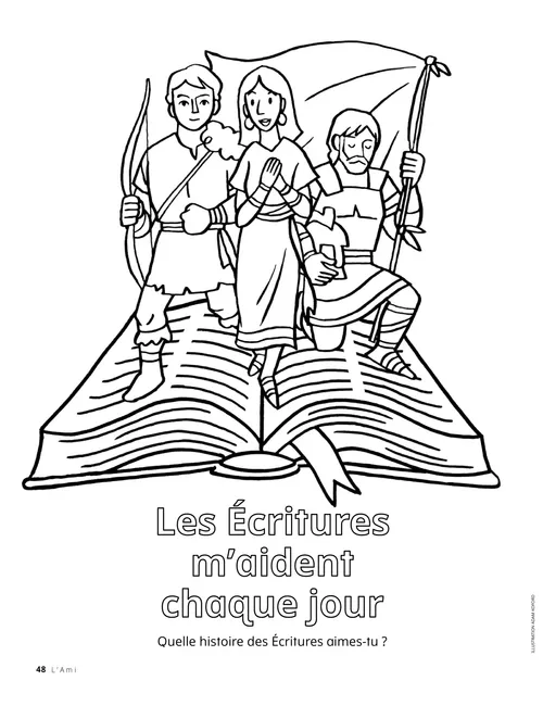 Coloriage au format PDF représentant des personnages des Écritures sortant d’un livre d’Écritures