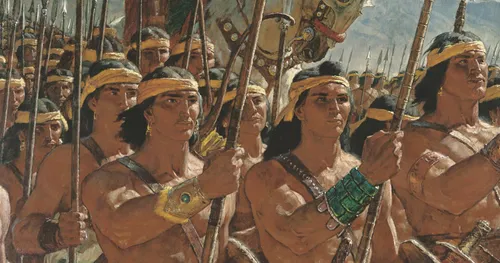 The Book of Mormon prophet Helaman riding on a white horse. Helaman is leading an army of 2,000 young Lamanite warriors. The warriors are marching and carrying spears. Scriptural reference: Alma 53:16-22.