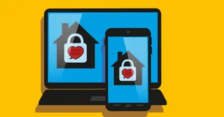 a computer screen and a smartphone screen both displaying a heart, a lock, and a home