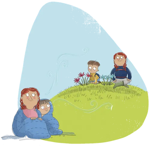 Boy and grandmother imagining flowers