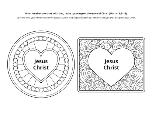 Black-and-white heart drawings with the name of Jesus Christ inscribed in center.