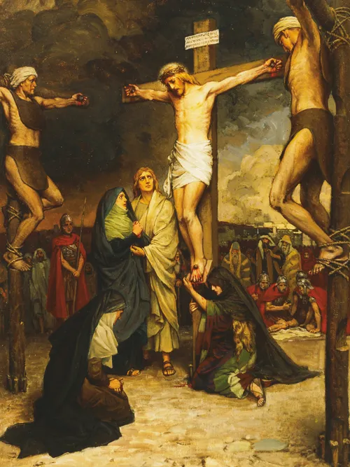 Jesus Christ and the two thieves depicted during the Crucifixion. The Apostle John is standing below the cross of Christ. Mary, the mother of Christ is standing beside John. Two other women are kneeling at the base of the cross. There are Roman soldiers and Jews standing in the background.