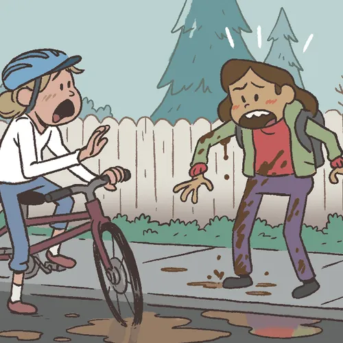 girl on bike apologizing to girl splashed with mud