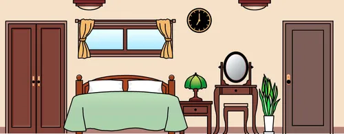 bedroom with a closet and a clock and a chair and a bed under a window with a lamp on the nightstand