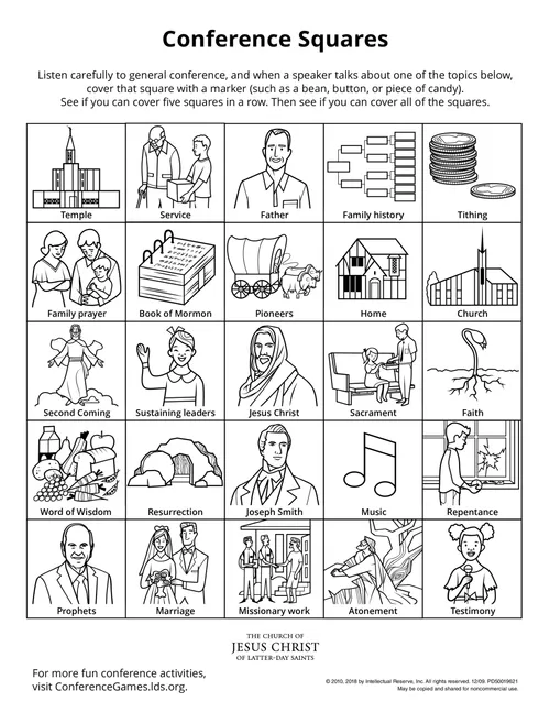 An activity page of squares that encourages children to listen and engage while watching General Conference.