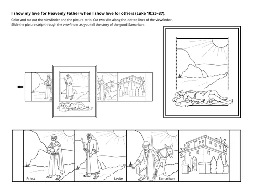 A black-and-white illustration of the story of the good Samaritan.