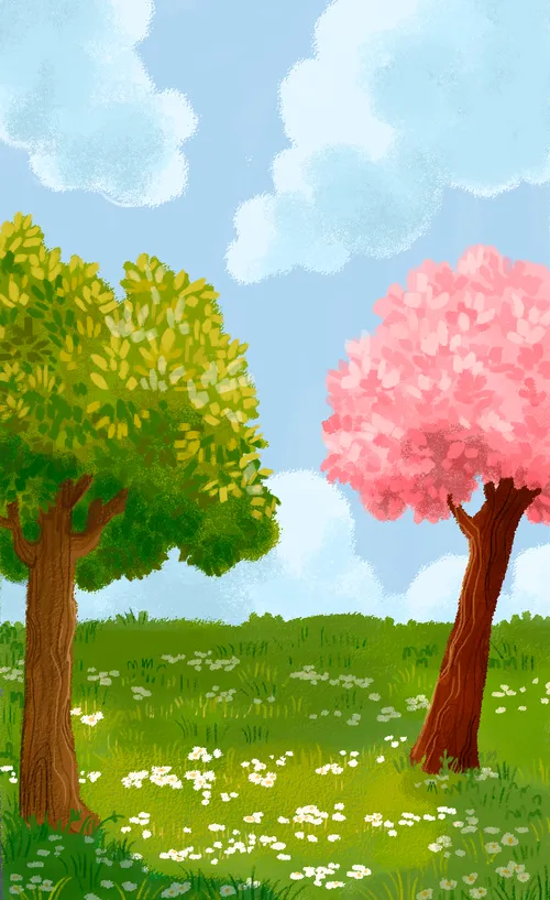 White clouds in a blue sky, a tree with green leaves, and a tree with pink blossoms