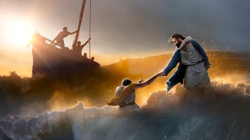 Jesus Christ walking on water and reaching out to Peter
