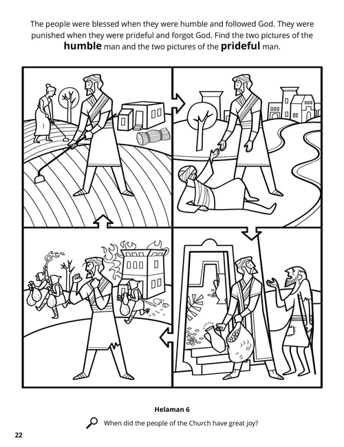 Coloring page PDF with two pictures of a man being humble and two pictures of a man being prideful