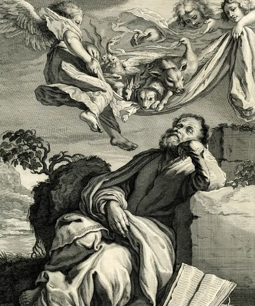 Peter sleeping while angels deliver animals to him