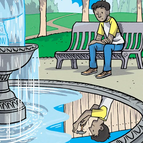 boy seeing reflection in fountain pool