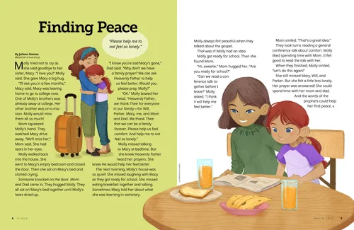 Story PDF with images of people hugging and children sitting at a table