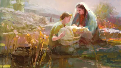 baby Moses being placed in the river by his mother