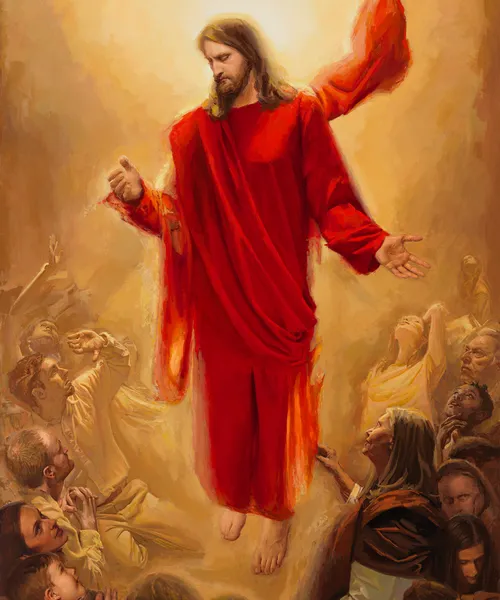 Christ descending in a red robe among people from different eras and cultures