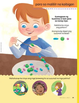 boy making beaded necklace