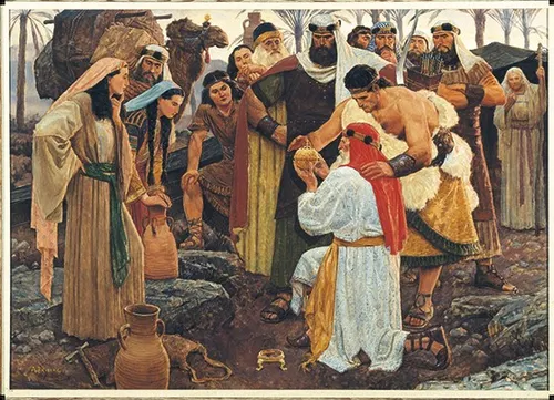 The Book of Mormon prophet Lehi portrayed kneeling on the ground. Lehi is holding the Liahona in his hands. Nephi is standing behind Lehi and is also looking at the Liahona. Other members of the family of Lehi are gathered around Lehi and Nephi.