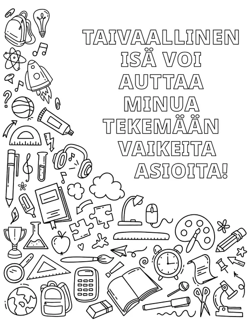 PDF-värityskuva esineistä, jotka kuvaavat taitoja ja harrastuksia