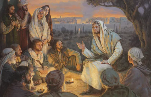 Jesus Christ depicted sitting and teaching HIs disciples who are sitting and standing around Him.