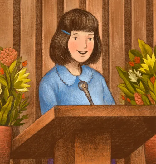 girl standing and speaking at podium in church