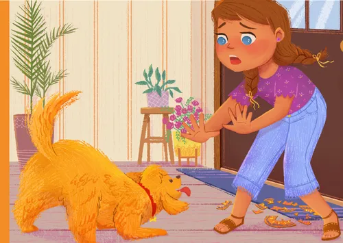 girl holding hands out to small dog