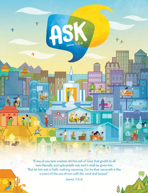 A vibrant illustration depicting scenes of daily life, acts of service, and learning.