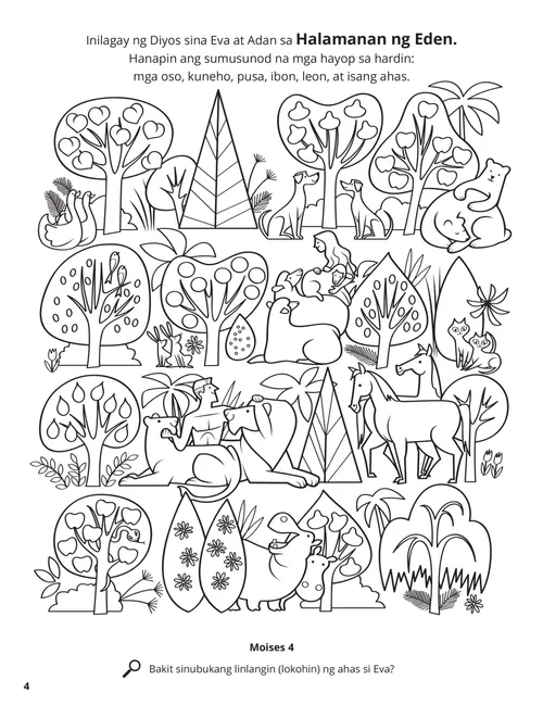 PDF ng pahinang kukulayang tungkol kay Adan at Eva sa Halamanan ng Eden na may mga halaman at hayop