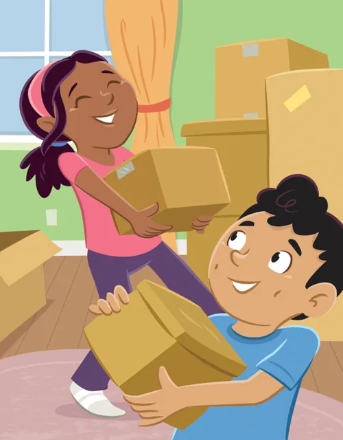 Margo and Paolo carrying boxes