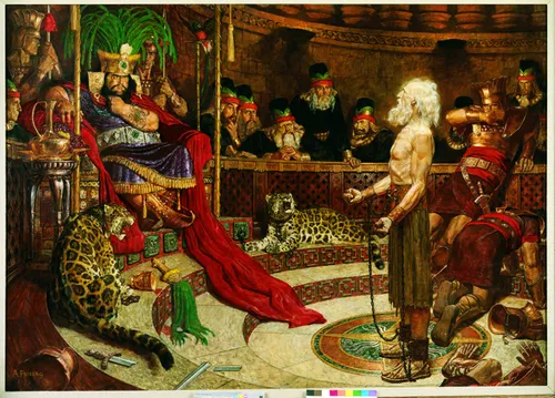 The Book of Mormon prophet Abinadi preaching before King Noah and the wicked priests. Abinadi is bound in chains. Scriptural reference: Mosiah 12:18-37, 13:1-9