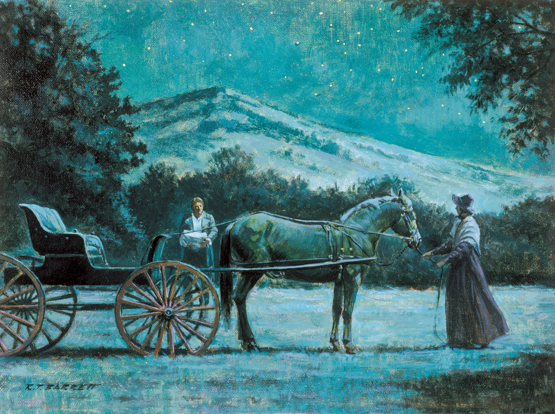 Joseph and Emma at the Hill Cumorah (Joseph Smith Brings the Gold Plates to the Carriage), by Robert T. Barrett; Primary manual 5-12