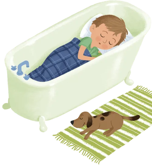 Boy sleeping in bathtub with pillow and blanket