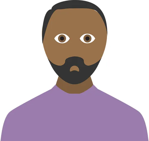 man with black hair, purple shirt, and beard