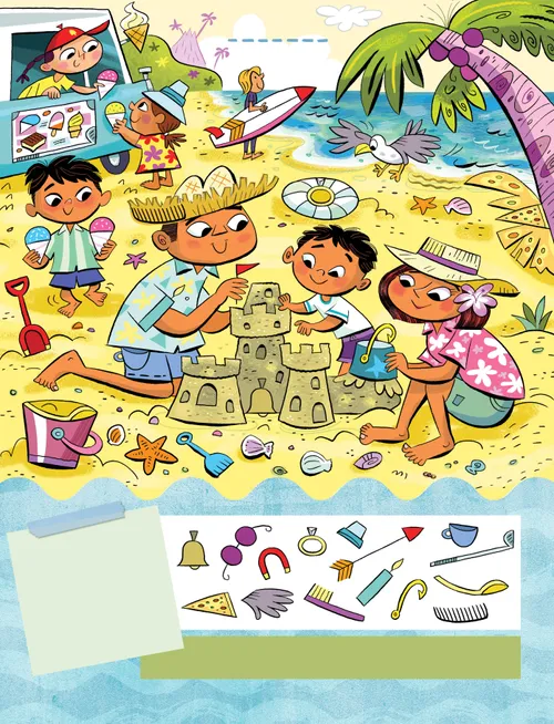 Family building sandcastle on beach