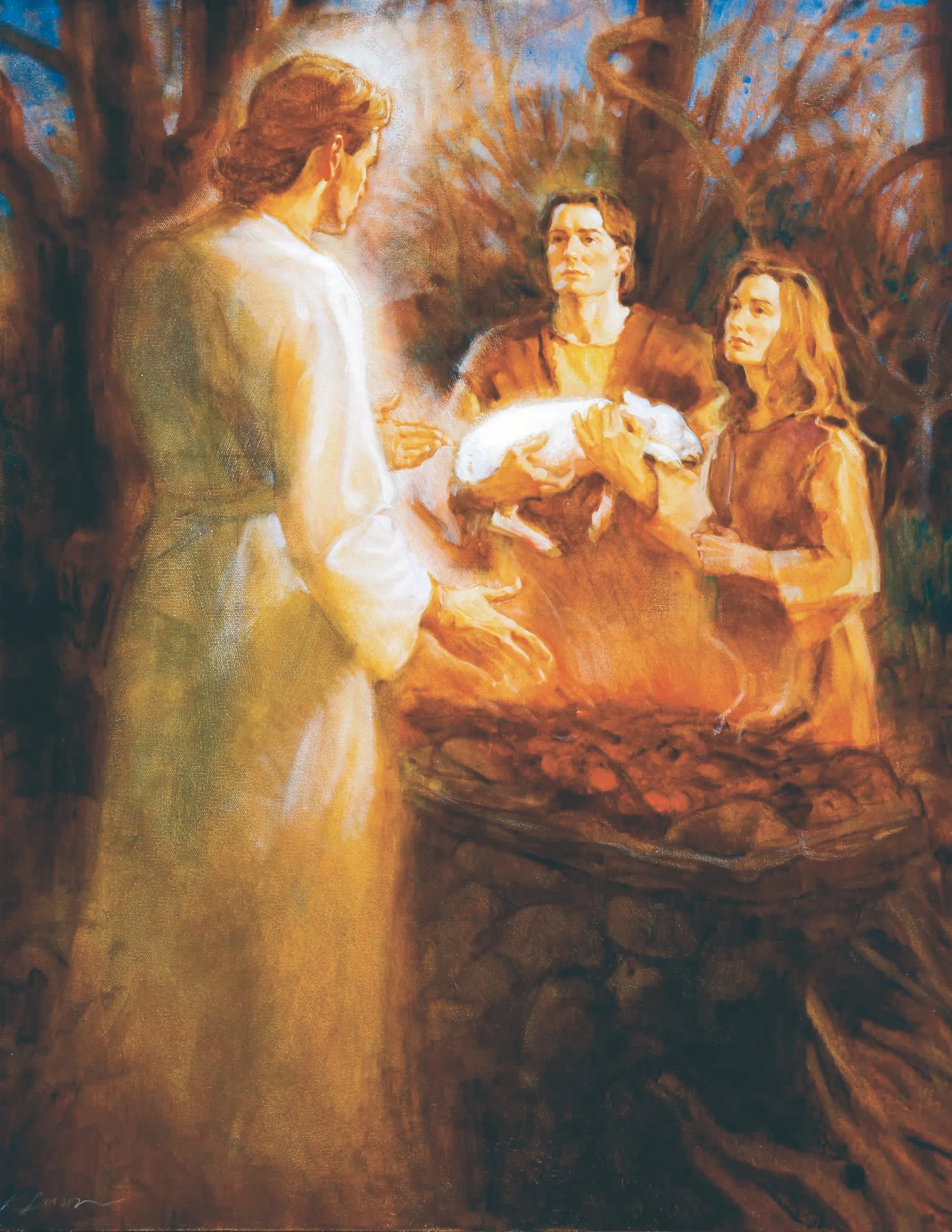 An angel appearing to Adam and Eve as they prepare to offer a lamb as a burnt offering.  The illustration depicts the angel explaining to Adam and Eve that the animal sacrifice was symbolic of the sacrifice to be made by Jesus Christ.
