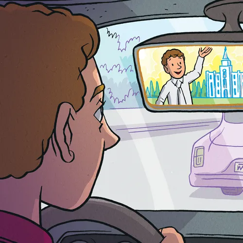 boy seeing reflection in rearview mirror