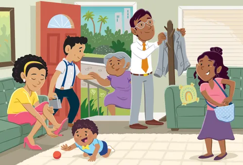 Family with grandmother, father, mother, son, daughter, and baby