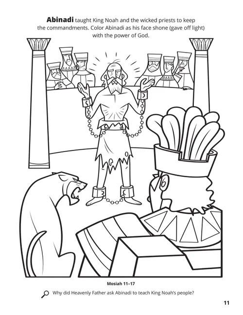 A line drawing of Abinadi in chains teaching King Noah and his priests about keeping the commandments.