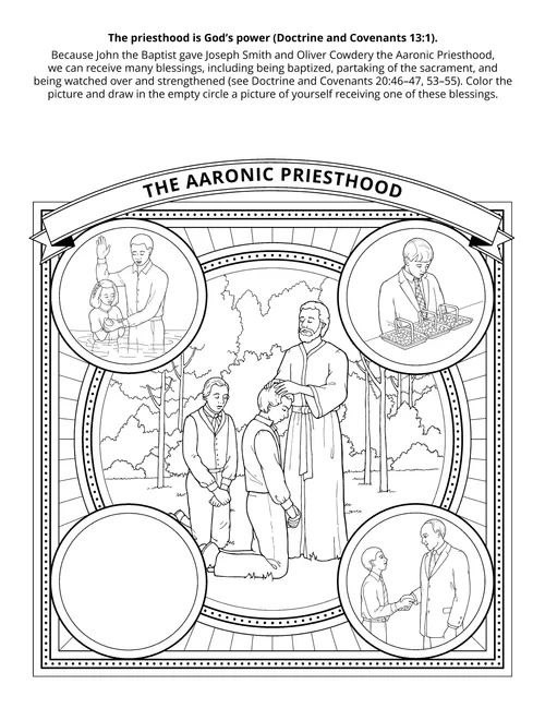 Line art illiustration depicts four aspects of Aaronic Priesthood for Primary-age children.
