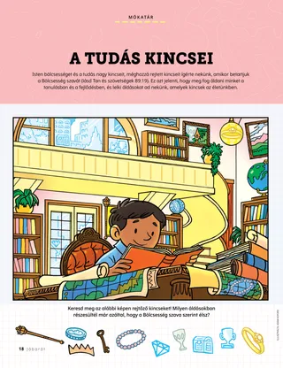 PDF-oldal tárgykeresős tevékenységgel, amelyen egy fiú egy könyvet olvas egy könyvtárban