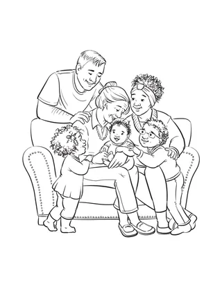 coloring page of a family with their grandma