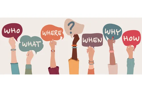 hands holding up signs with questions