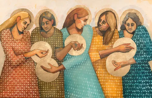 five women holding hands out