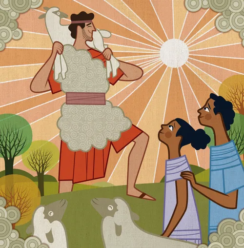 The shepherd carries the lost sheep on his shoulders.