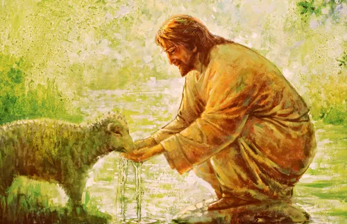 Jesus giving water to a lamb