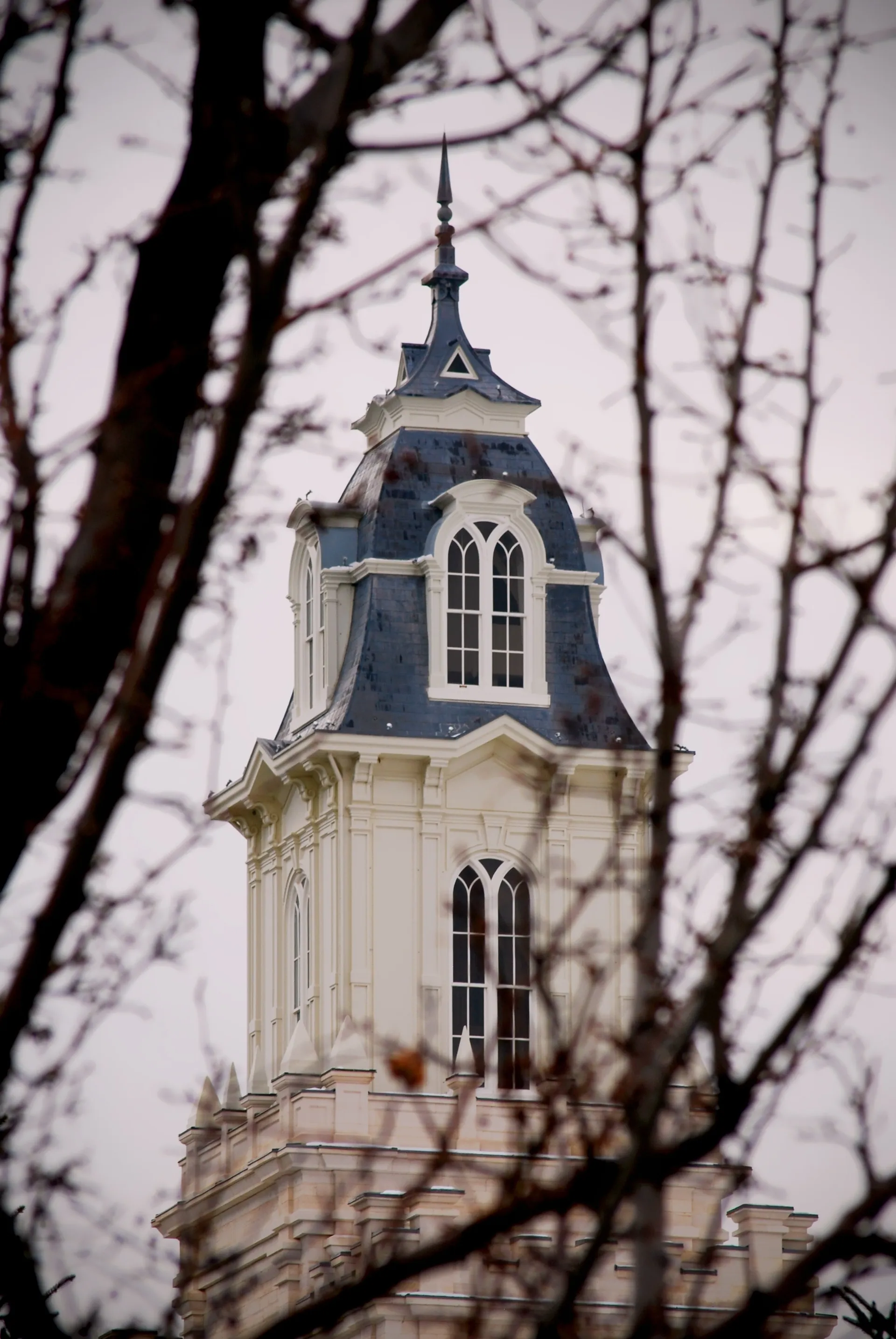 The Manti Utah Temple spire, including scenery.