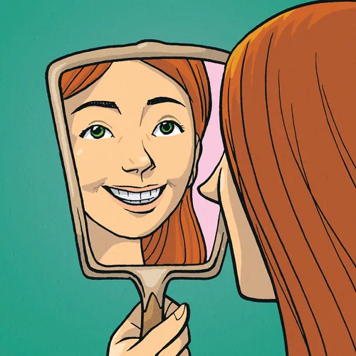 girl seeing reflection in mirror