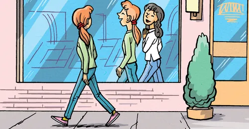 girl seeing reflection in store window