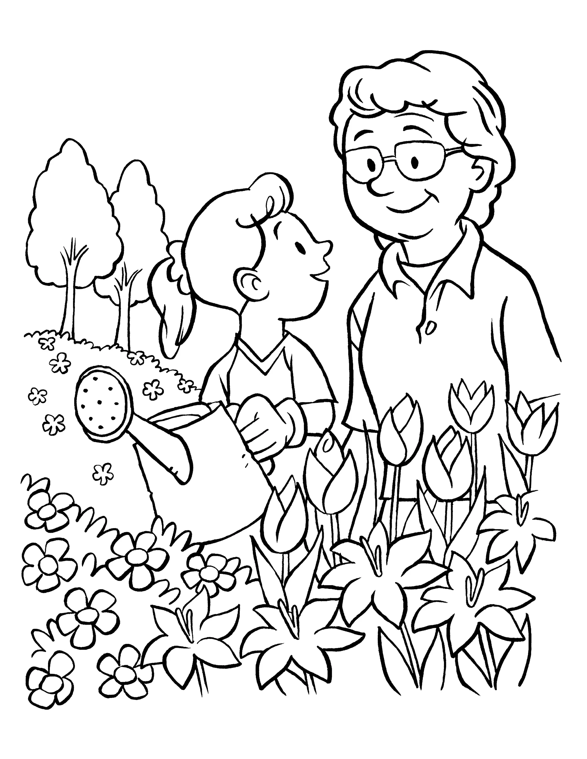 A young girl and her grandmother watering a garden.