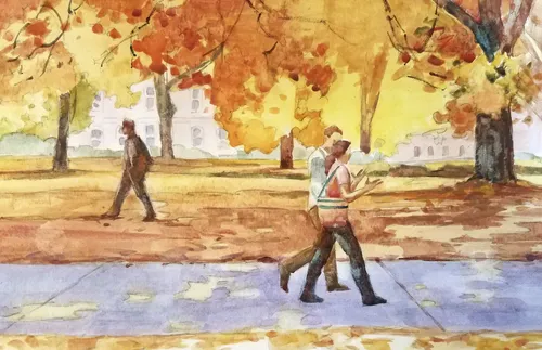 friends walking around campus